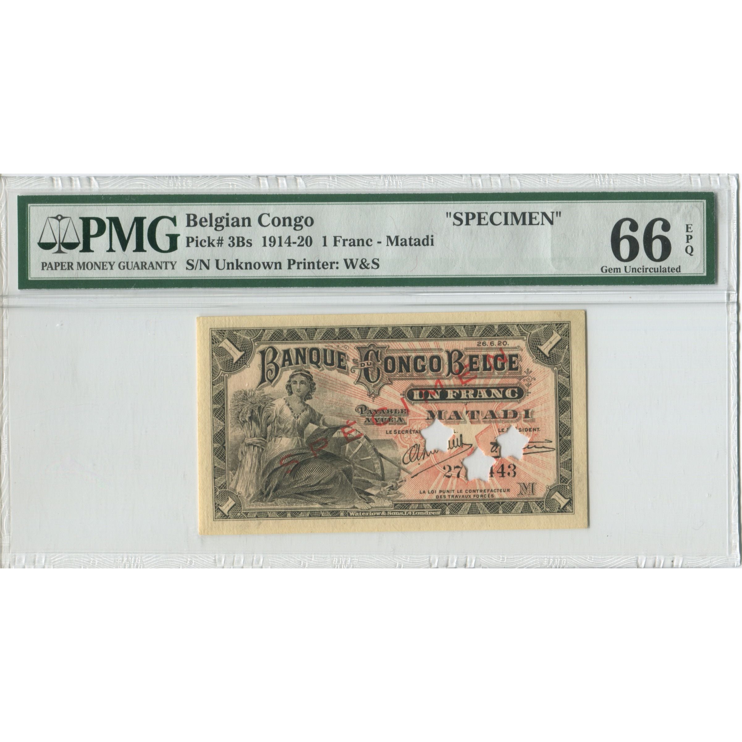 Billet, Congo belge, 1 Franc, 1920, 1920-6-26, Specimen - Matadi, KM:3b