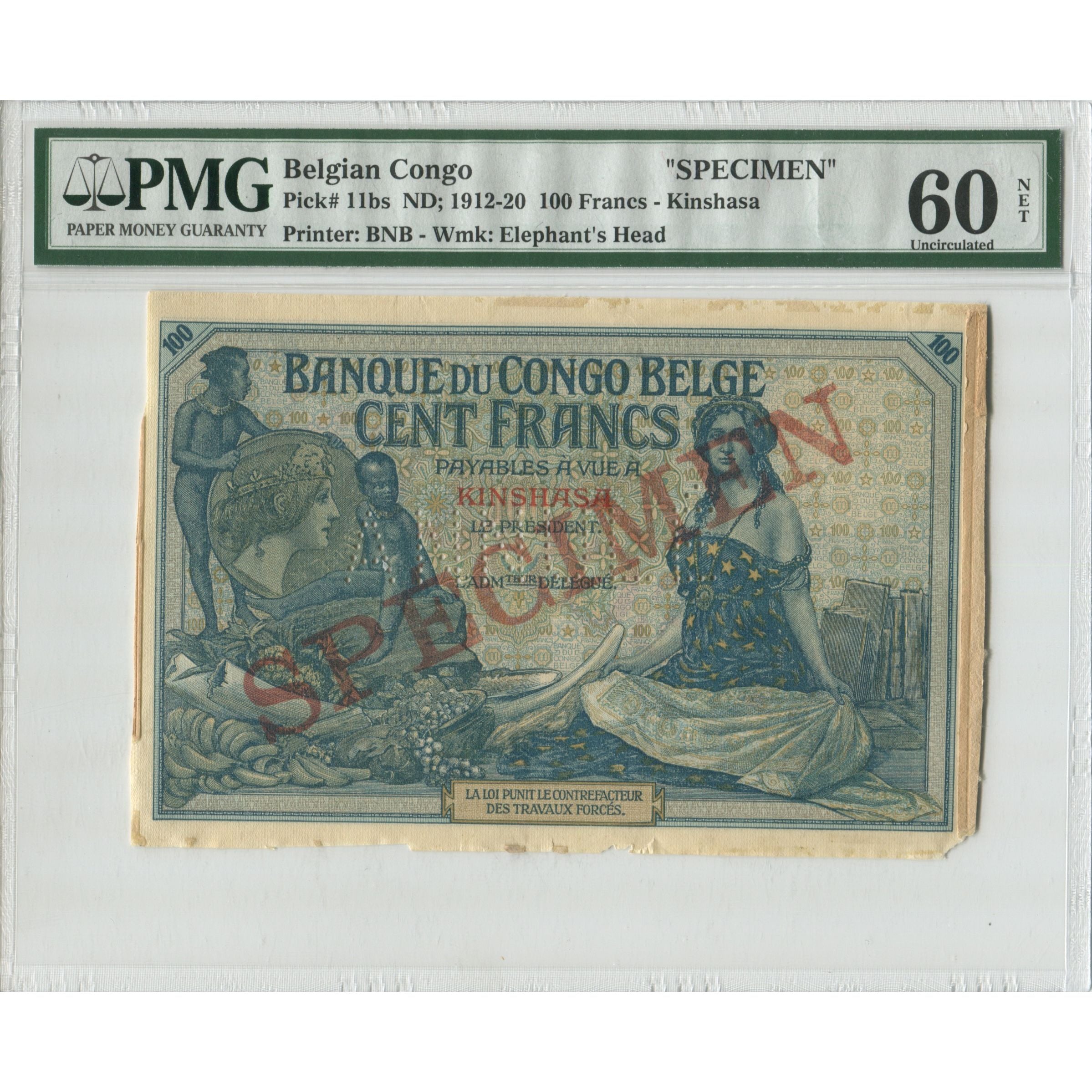 Banknote, Belgian Congo, 100 Francs, Undated (1912), Specimen - Kinshasa