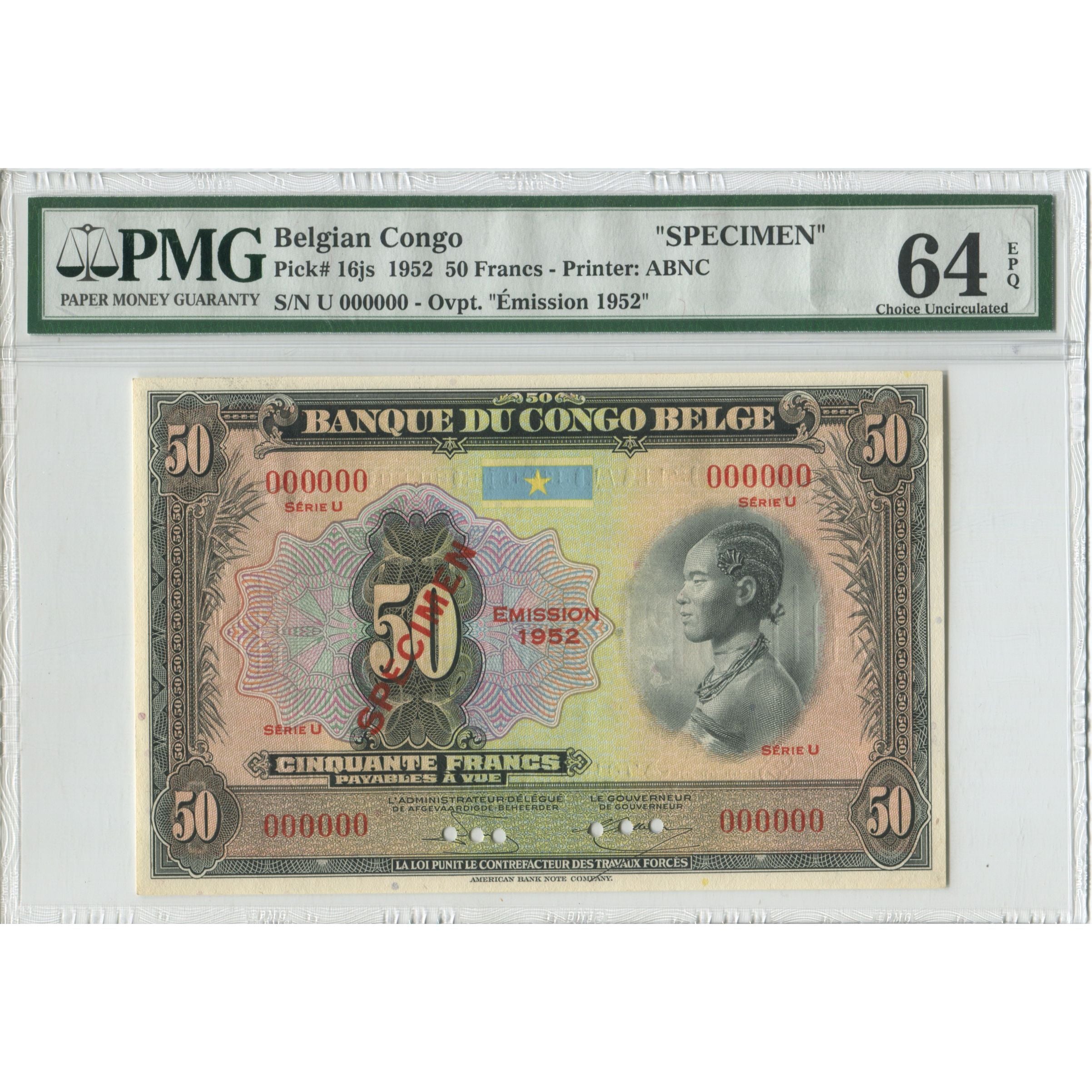 Banconote, Congo belga, 50 Francs, 1952, 1952, Specimen - Emission 1952, KM:16s