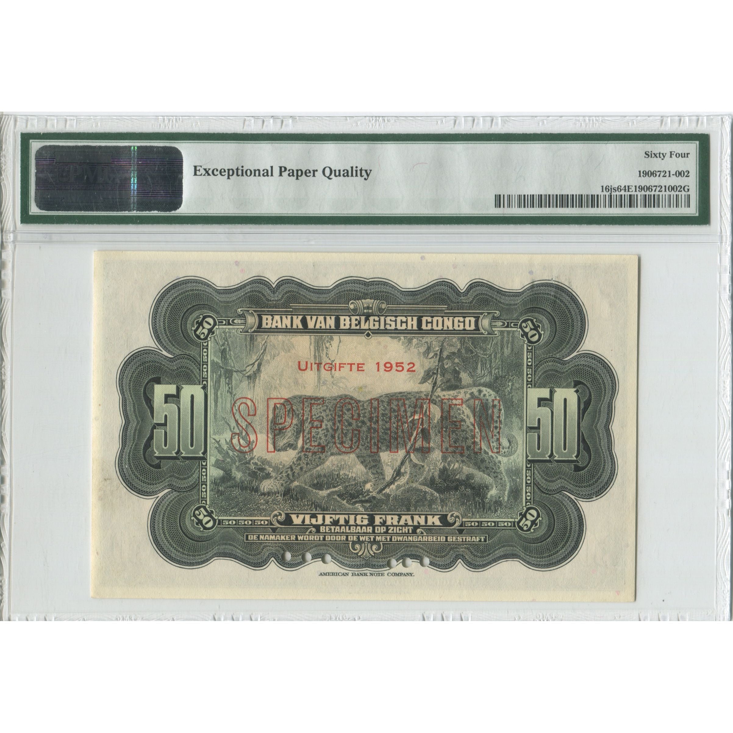 Banconote, Congo belga, 50 Francs, 1952, 1952, Specimen - Emission 1952, KM:16s