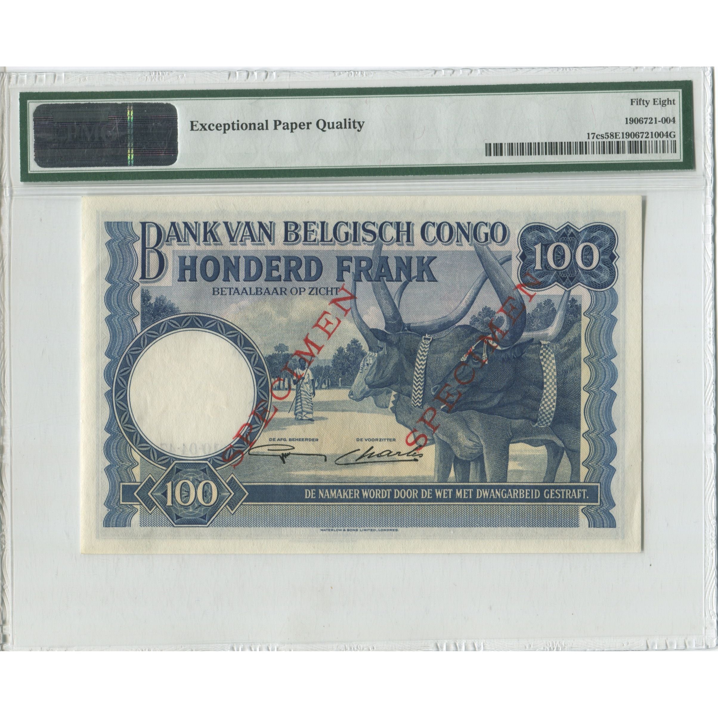 Banconote, Congo belga, 100 Francs, 1947, 1947-04-10, Specimen - Without