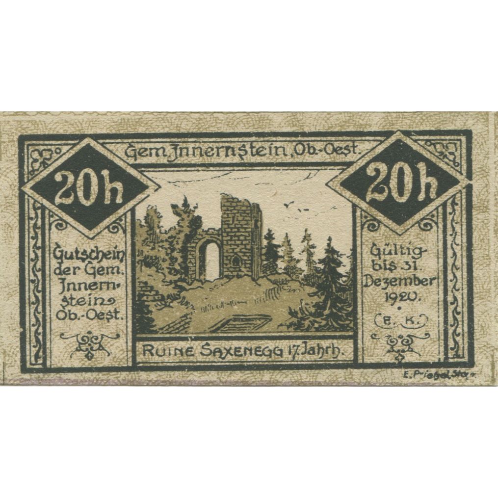 Banknote, Austria, Innernstein, 20 Heller, Eglise, 1920 UNC(63) Mehl:FS 406