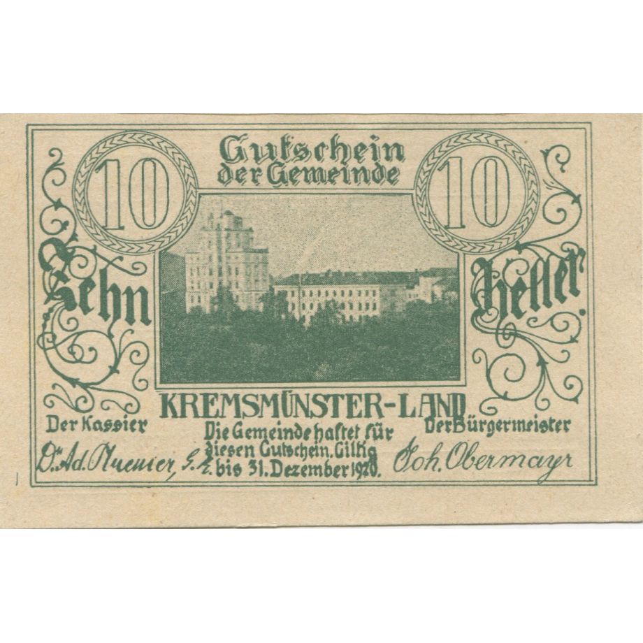 Banknote, Austria, Kremsmunster, 10 Heller, Eglise, 1920 UNC(63) Mehl:FS 475