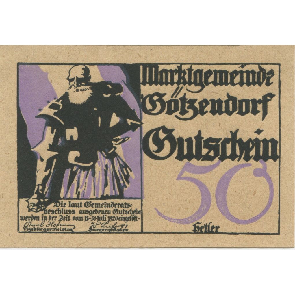 Banknote, Austria, Götzendorf, 50 Heller, chevalier, 1920 UNC(63) Mehl:FS 246IIc