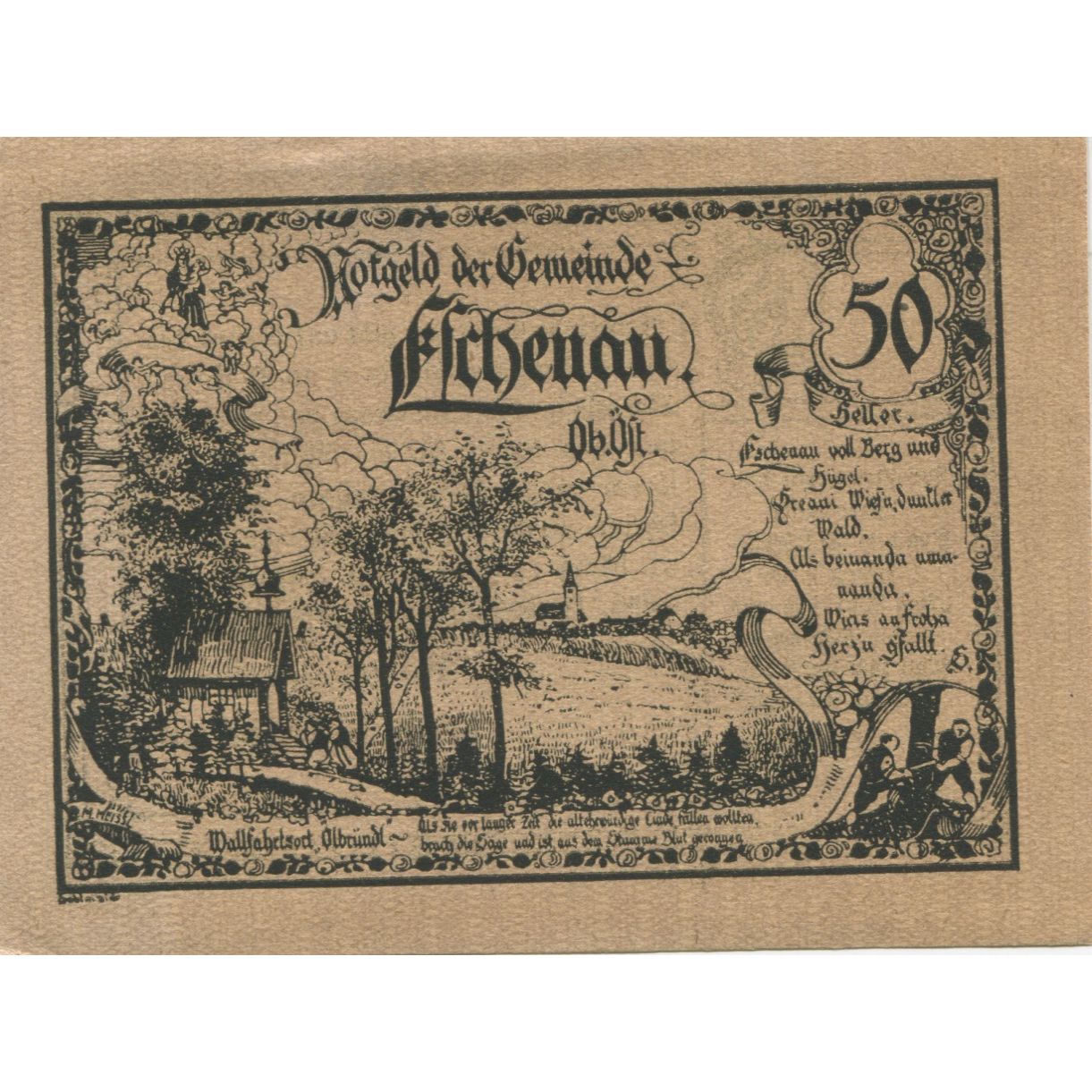 Banknote, Austria, Eschenau, 50 Heller, paysage, 1921 UNC(63) Mehl:FS 187a