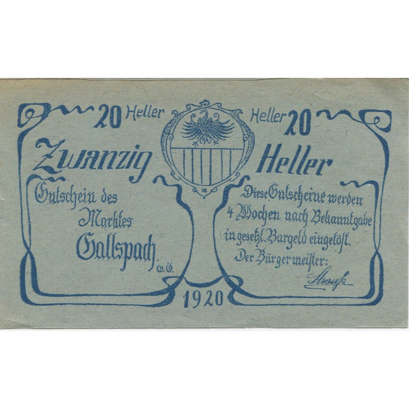 Banknote, Austria, Gallspach, 20 Heller, Blason, 1920, AU(55-58), Mehl:FS 219a