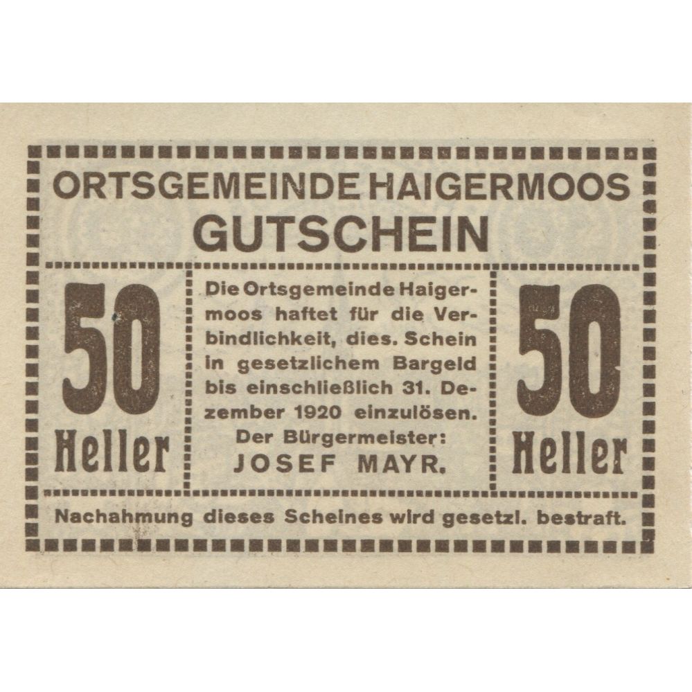 Banknote, Austria, Haigermoos, 50 Heller, Eglise, 1920 UNC(63) Mehl:FS 336