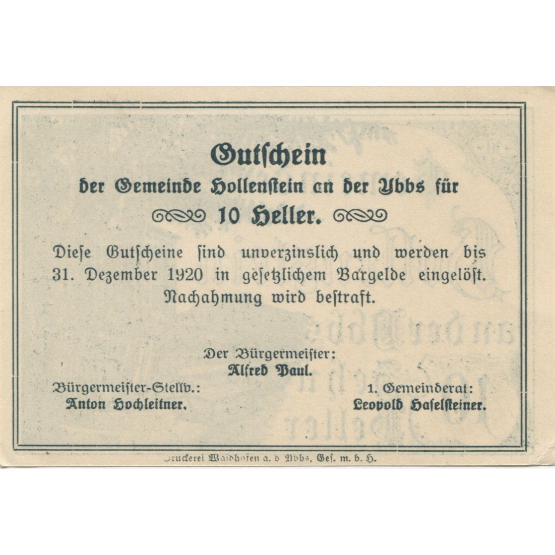 Banknote, Austria, Hollenstein, 10 Heller, paysage, 1920 UNC(63) Mehl:FS 395a