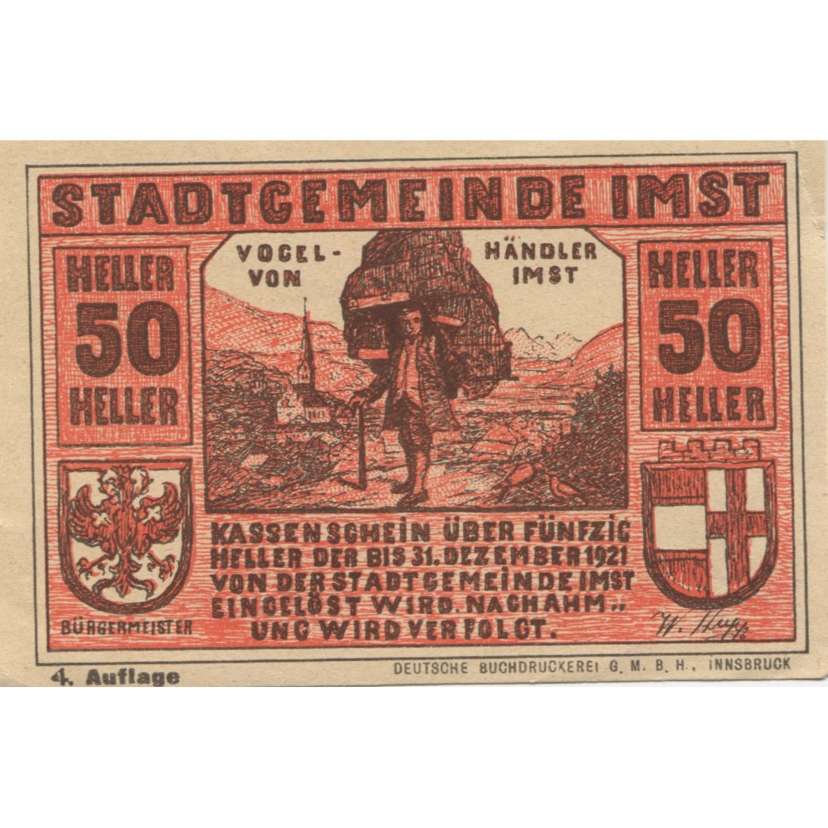 Banknote, Austria, Imst, 50 Heller, personnage, 1920, UNC(63) Mehl:FS 405a
