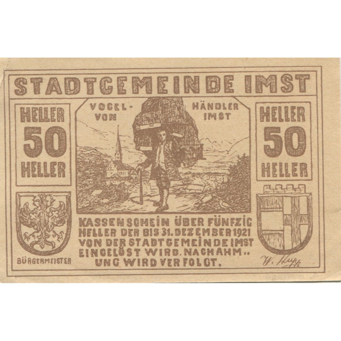 Banknote, Austria, Imst, 50 Heller, personnage, 1920, UNC(63) Mehl:FS 405a