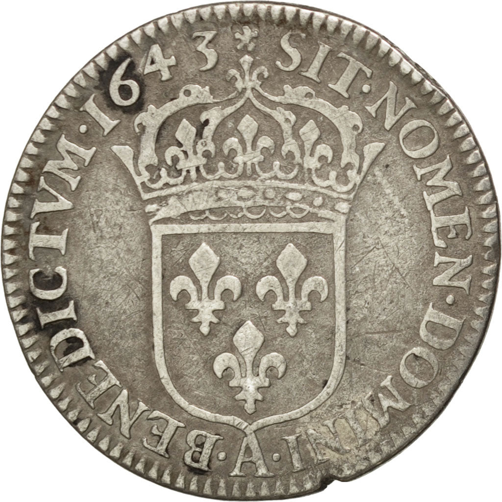 FRANCE, 1/12 Écu à la mèche courte, 1/12 ECU, 10 Sols, 1643, Paris, KM #140.1, V