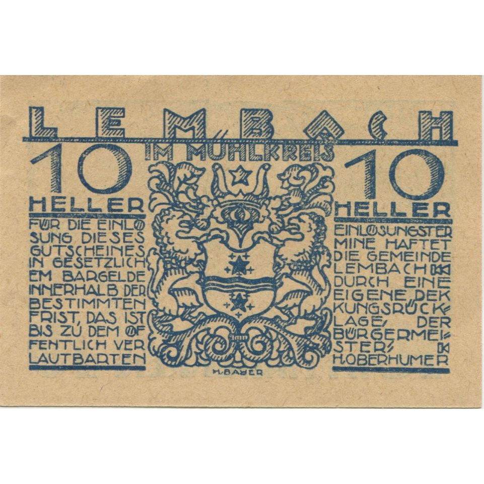 Banknote, Austria, Lembach, 10 Heller, Blason, 1920, UNC(63), Mehl:FS 510e