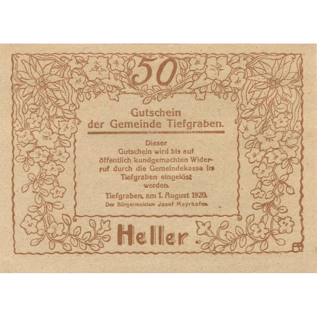 Banknote, Austria, Tiefgraben, 50 Heller, paysage, 1920, UNC(63), Mehl:FS 1071