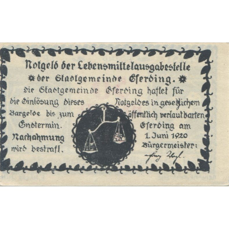 Banknote, Austria, Eferding, 50 Heller, personnage, 1920 UNC(63) Mehl:FS 152Va