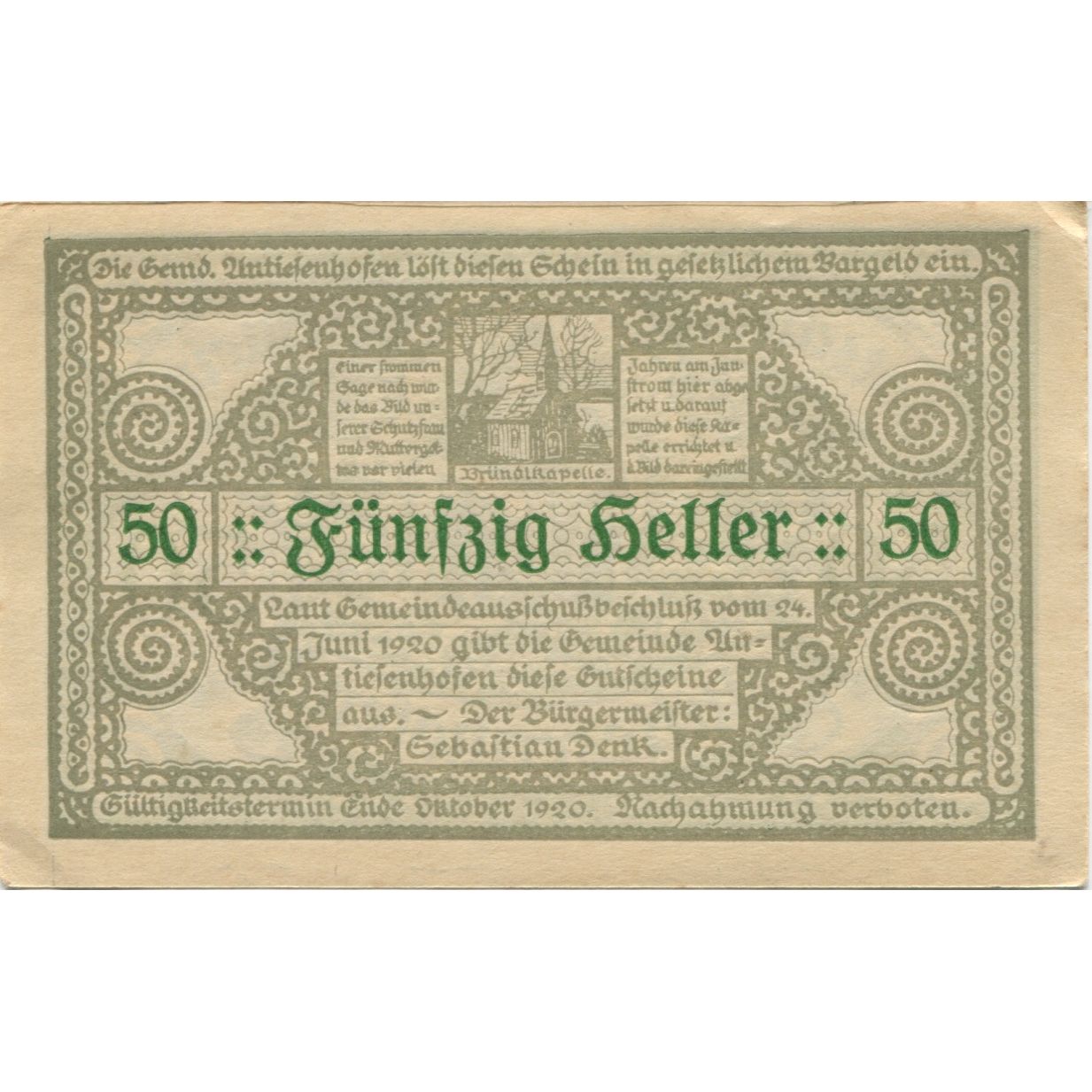 Banknote Austria Antiesenhofen 50 Heller personnage 1920 UNC(63), Mehl:FS 47Bb