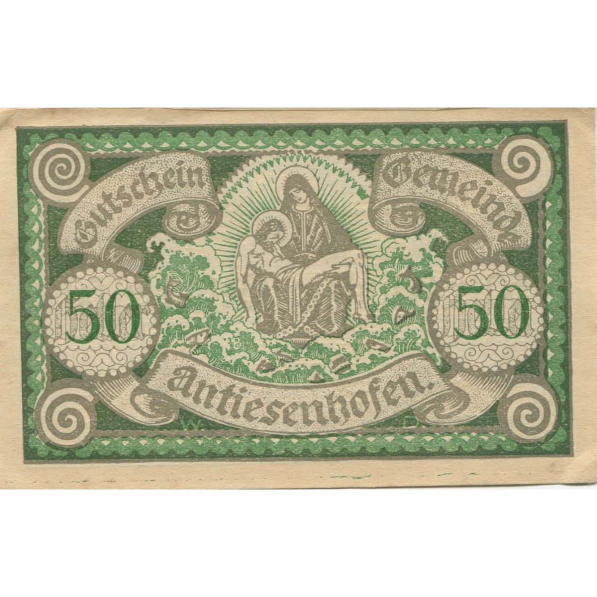 Banknote Austria Antiesenhofen 50 Heller personnage 1920 UNC(63), Mehl:FS 47Bb