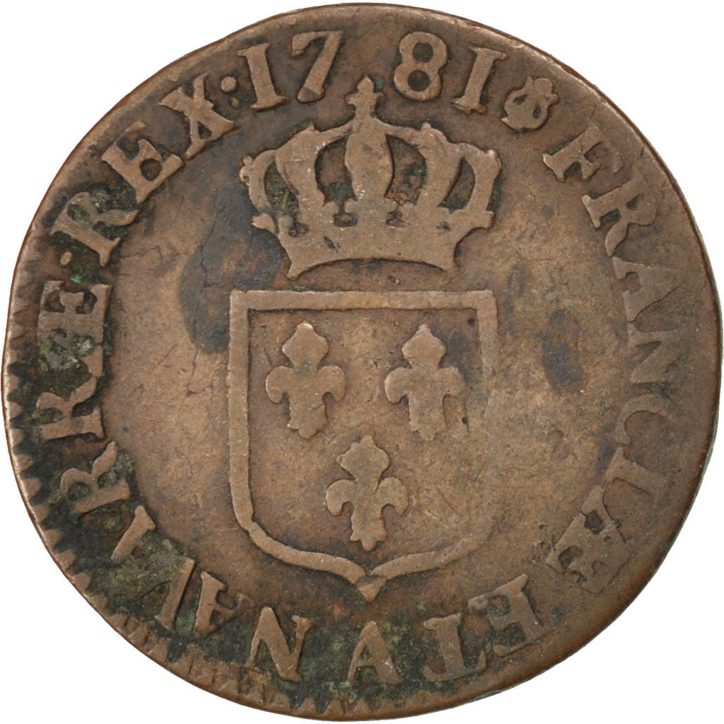 FRANCE, 1/2 Sol ou 1/2 sou, 1/2 Sol, 1781, Paris, KM #586.1, VF(20-25), Copper,.