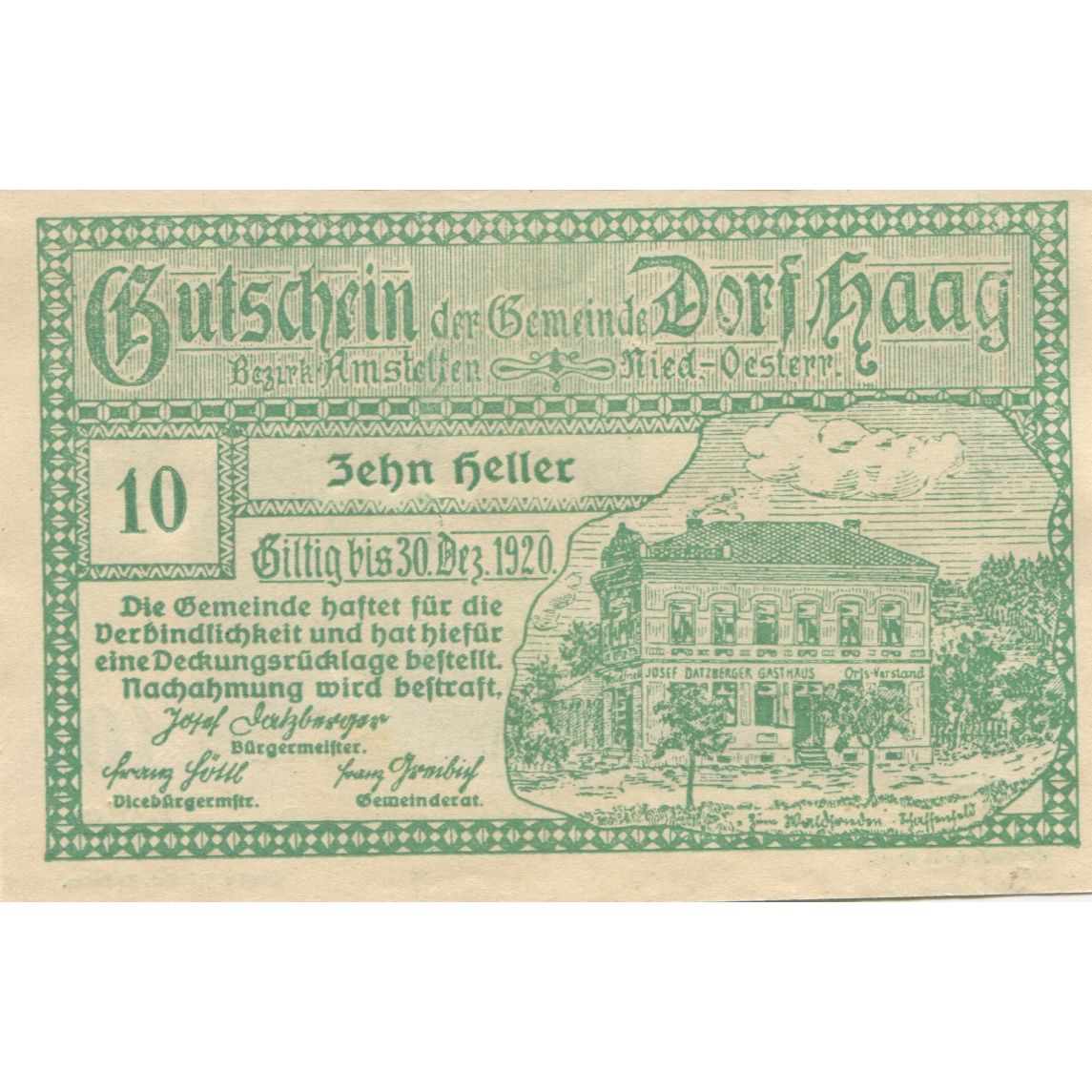 Banknote, Austria, Dorf Haag, 10 Heller, château, 1920 UNC(65-70) Mehl:FS 317c
