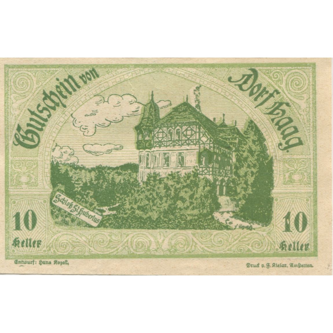 Banknote, Austria, Dorf Haag, 10 Heller, château, 1920 UNC(65-70) Mehl:FS 317c