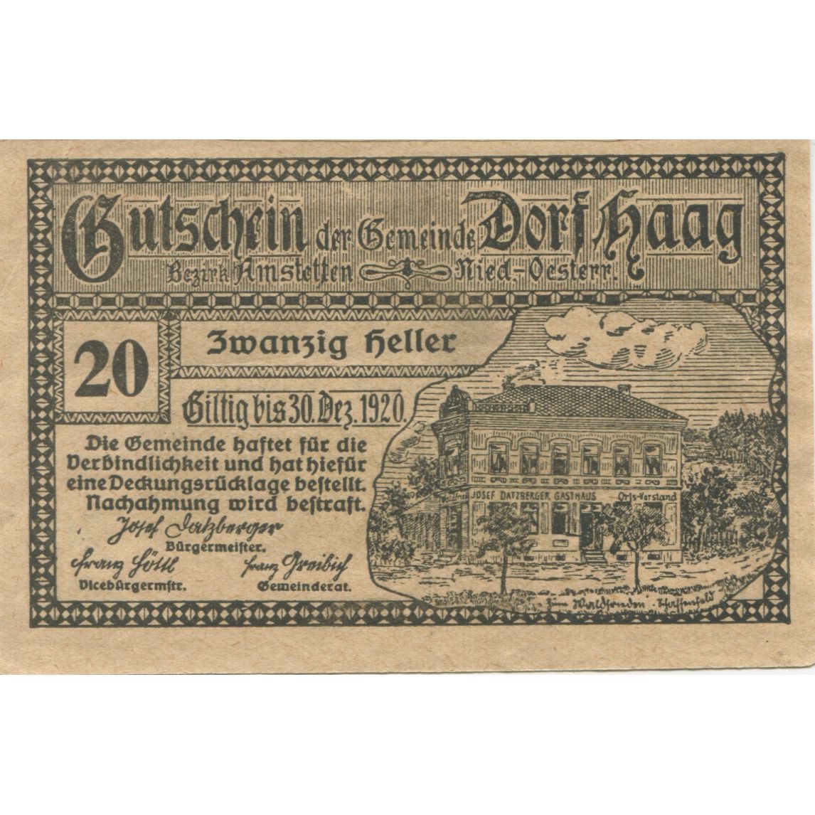 Banknote, Austria, Dorf Haag, 20 Heller, château, 1920 UNC(63) Mehl:FS 317c