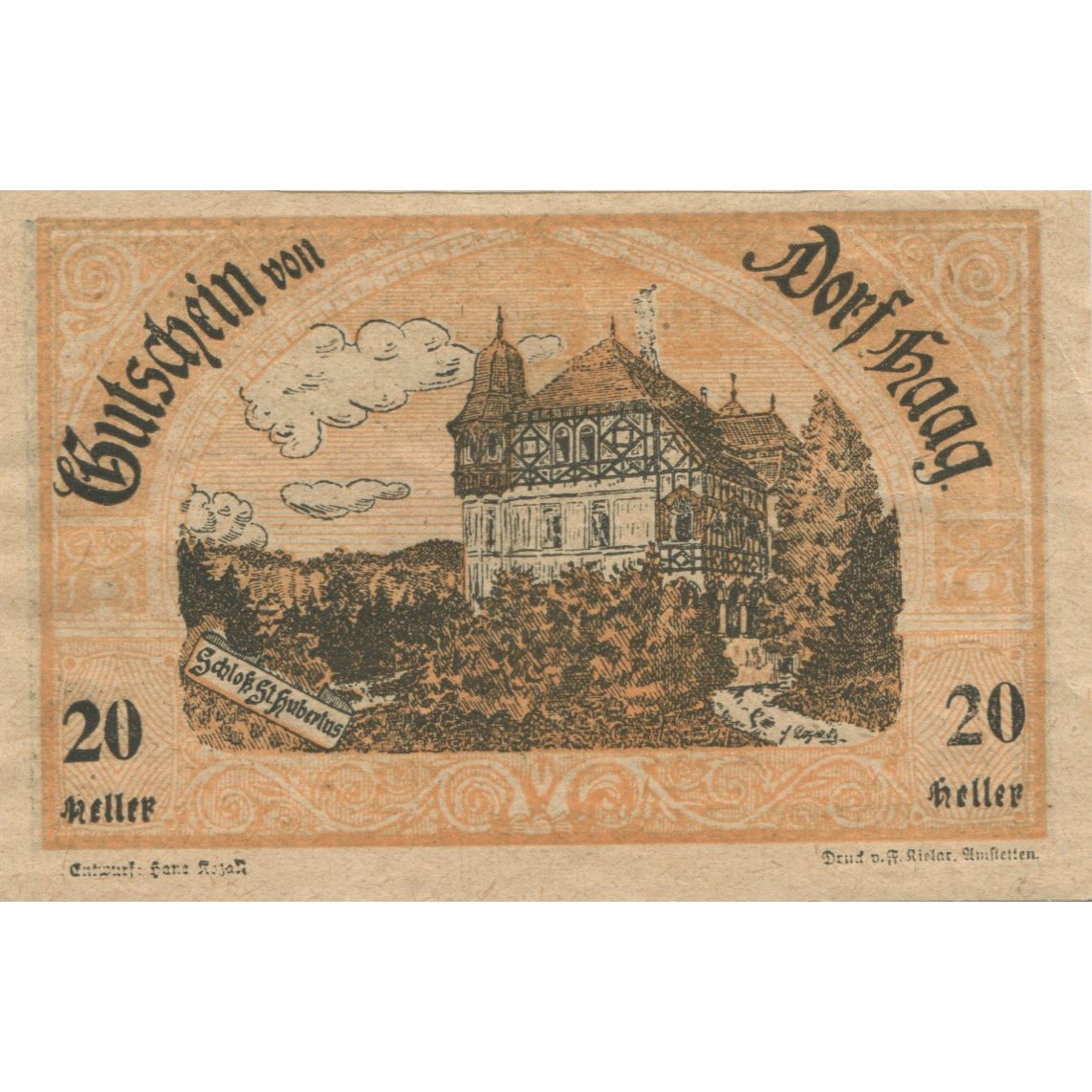 Banknote, Austria, Dorf Haag, 20 Heller, château, 1920 UNC(63) Mehl:FS 317c