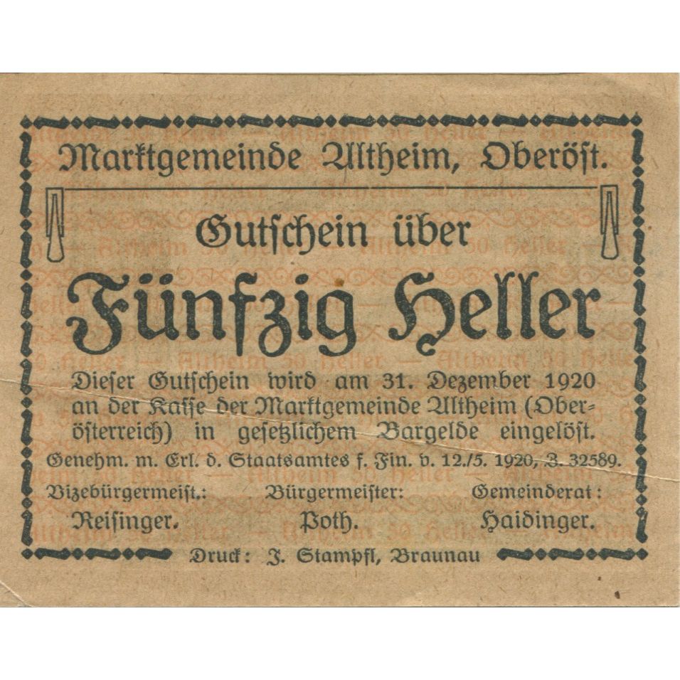 Banknote, Austria, Altheim, 50 Heller, champs, 1920 UNC(63) Mehl:FS 32aE