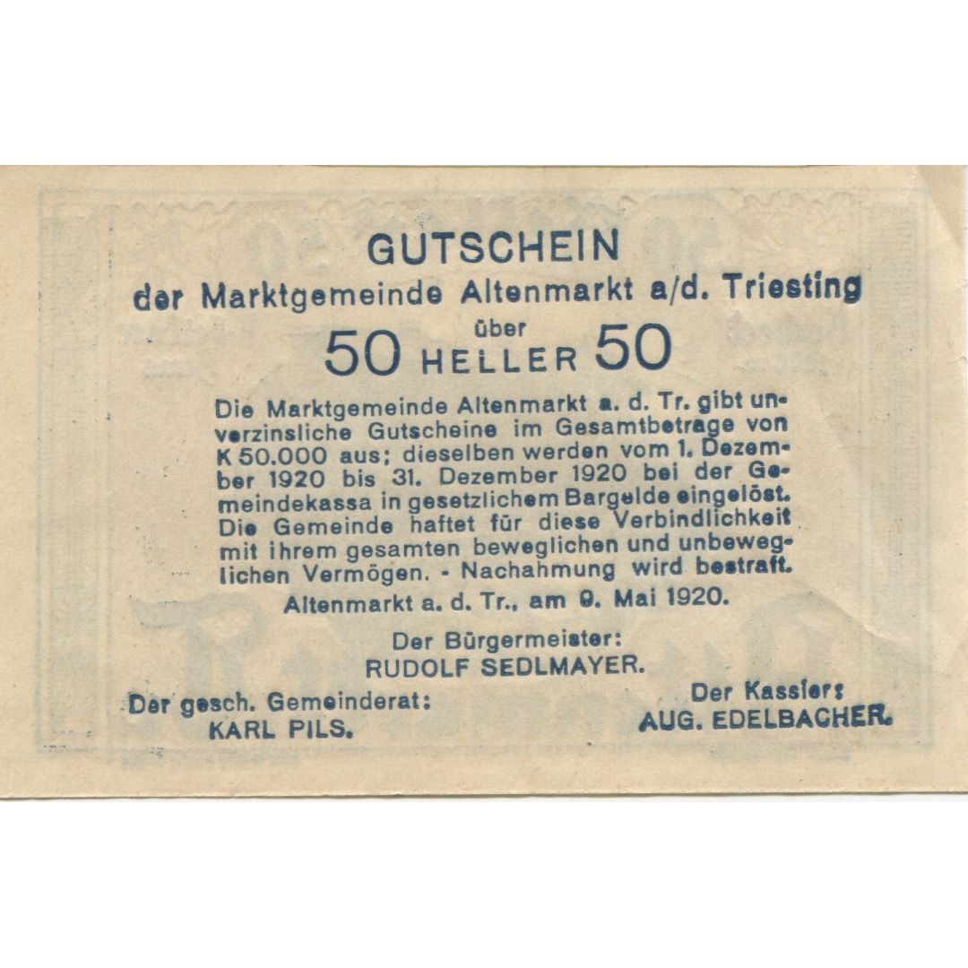 Banknote, Austria, Altenmarkt, 50 Heller, gare, 1920 UNC(63) Mehl:FS 29a