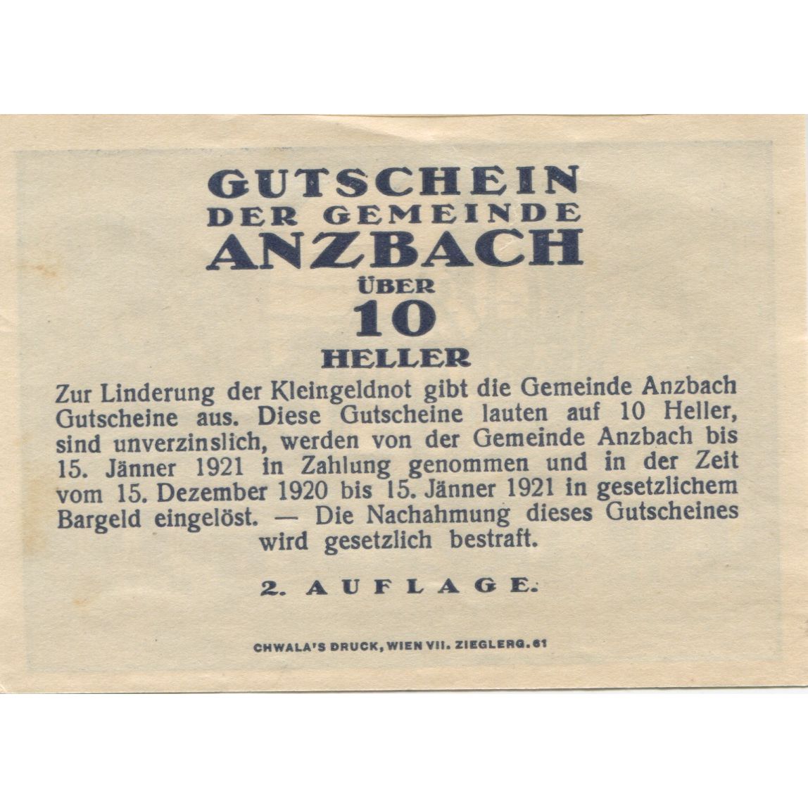 Banknote, Austria, Anzbach, 10 Heller, Eglise, 1920 UNC(63) Mehl:FS 48IAb