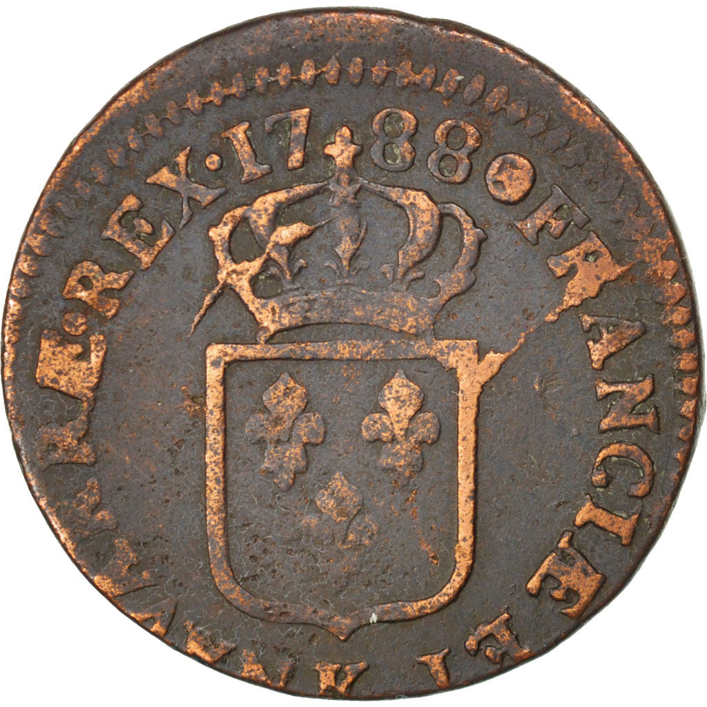 Moneta, Francia, Louis XVI, Sol ou sou, Sol, 1788, Bordeaux, MB, Rame, KM:578.8