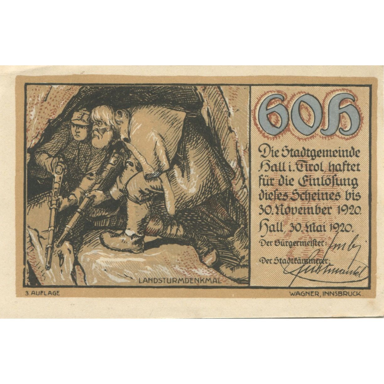 Banknote, Austria, Hall, 60 Heller, personnage, 1920 UNC(63) Mehl:FS 342IIc