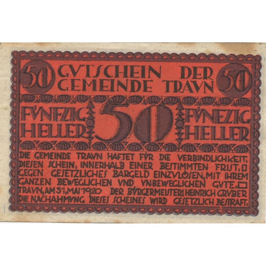 Banknote, Austria, Traun, 50 Heller, château, 1920 EF(40-45) Mehl:FS 1080