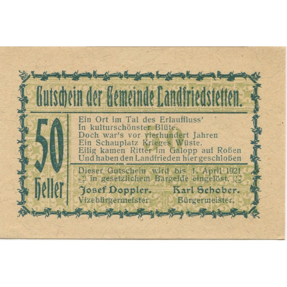 Banknote, Austria, Landfriedstetten, 50 Heller Texte, 1920 UNC(63) Mehl:FS 499Ib
