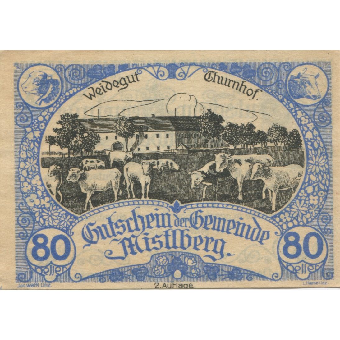 Banknote, Austria, Freistadt, 80 Heller, vache, 1921 UNC(63) Mehl:FS 302