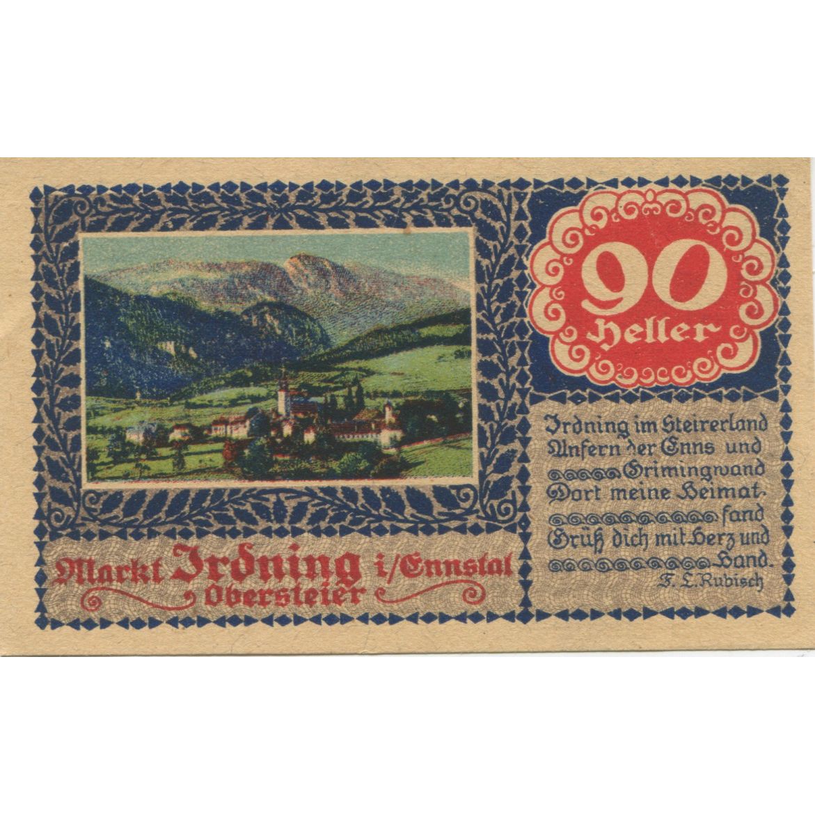 Banknote, Austria, Irdning, 90 Heller, montagne, 1920, UNC(63), Mehl:FS 416