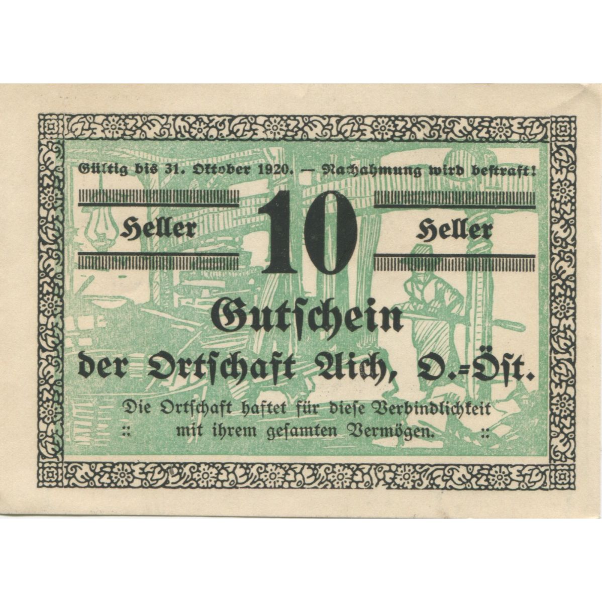 Banknote, Austria, Aich, 10 Heller, Usine 1920-12-31, UNC(63), Mehl:FS FS 10a