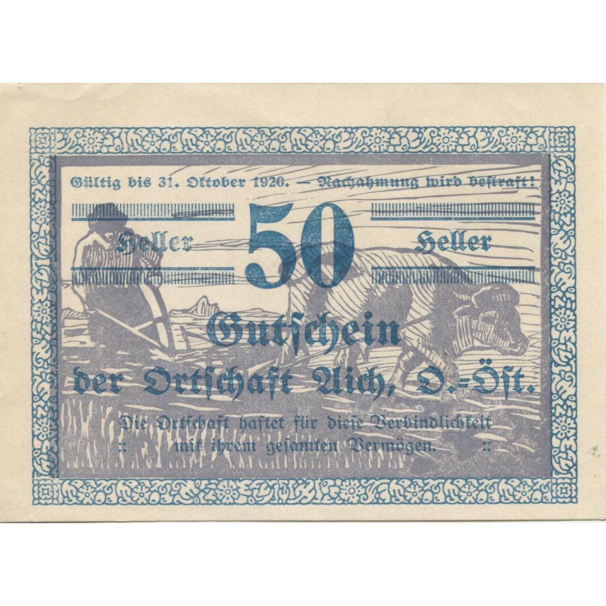 Banknote, Austria, Aich, 50 Heller, champs, 1920, UNC(63), Mehl:FS 10a