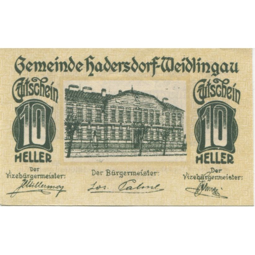 Banknote, Austria, Hadersdorf, 10 Heller, château, 1920 UNC(63) Mehl:FS 326