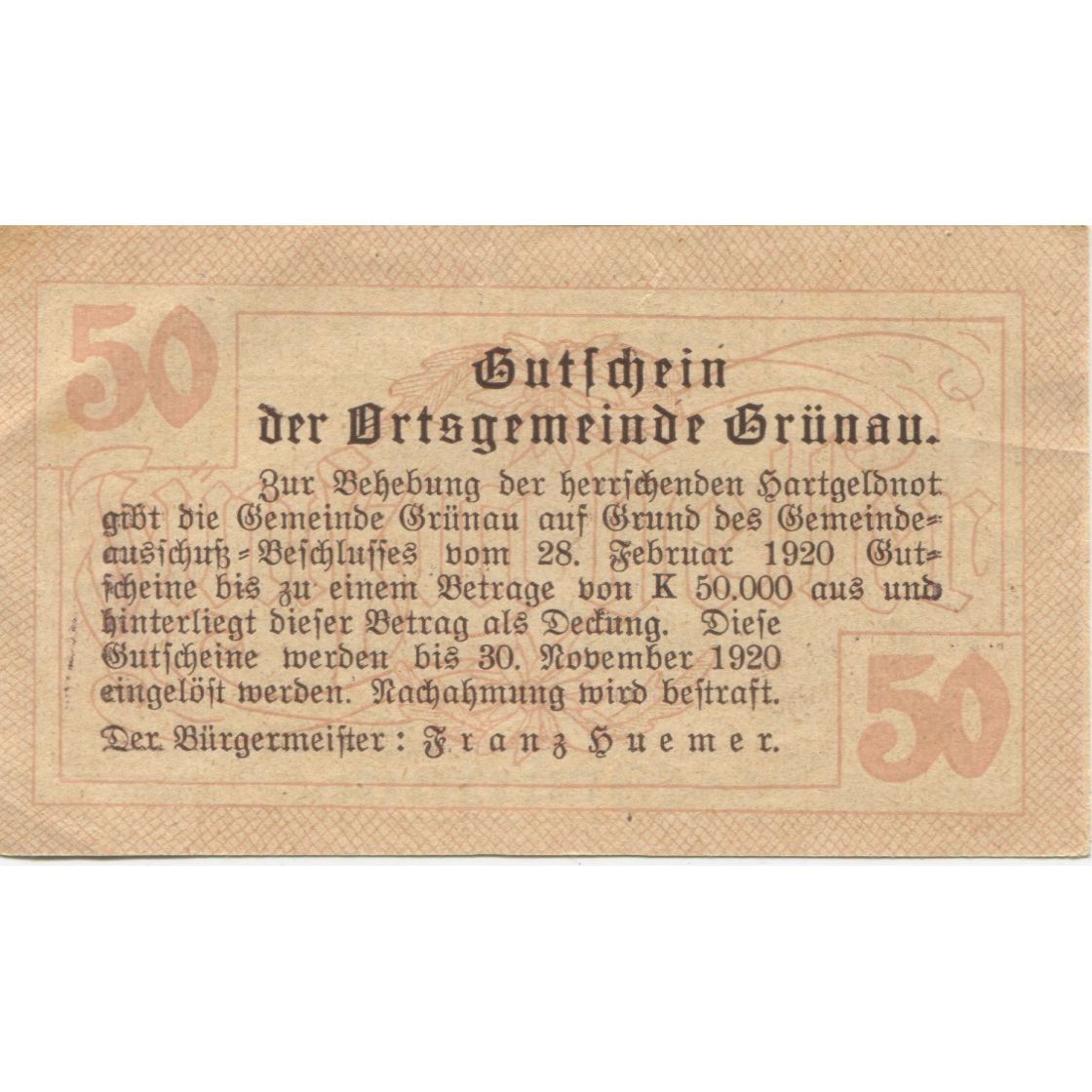 Banknote, Austria, Grünau, 50 Heller, manoir, 1920 UNC(63) Mehl:FS 299