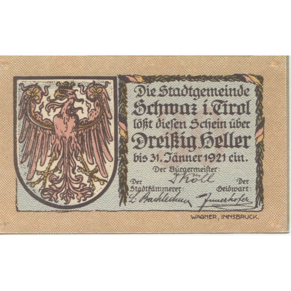 Banknote, Austria, Schwaz, 30 Heller, aigle, 1920 UNC(63), Mehl:FS 983f