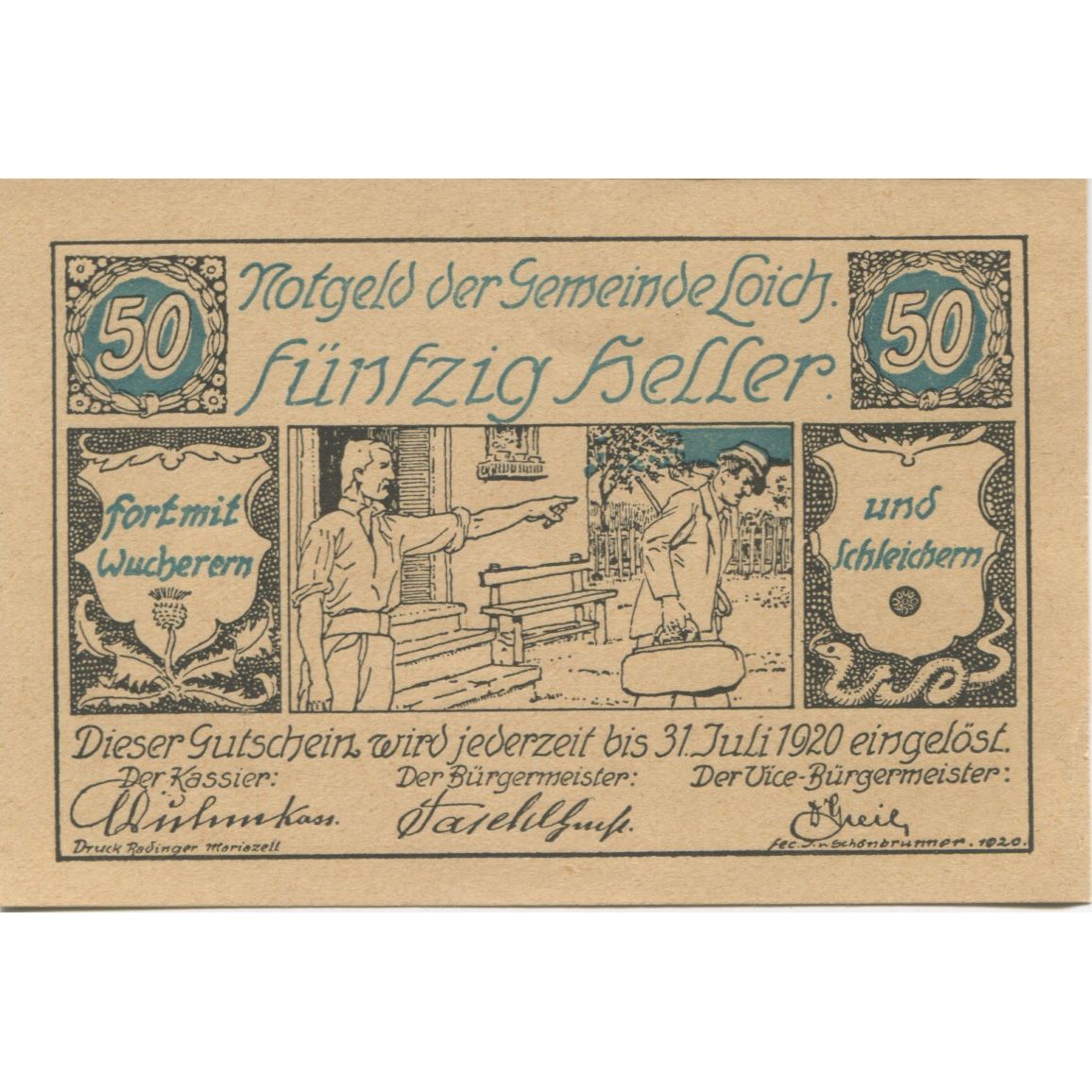 Banknote, Austria, Loich, 50 Heller, personnage, 1920 UNC(63) Mehl:FS 562.02
