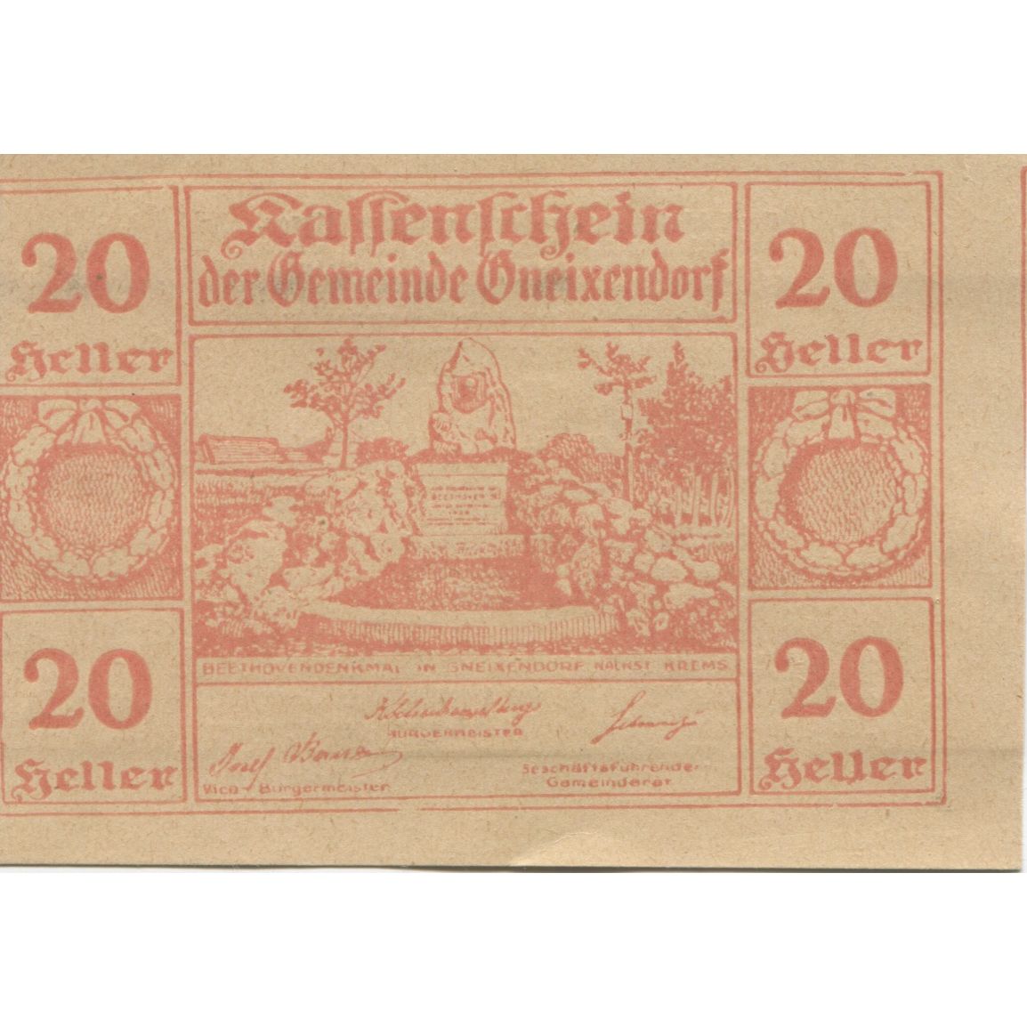 Banknote, Austria, Gneixendorf, 20 Heller, Monument, 1920 UNC(63) Mehl:FS 241I