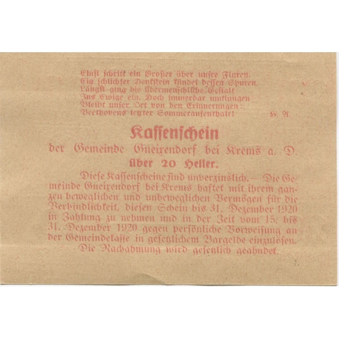 Banknote, Austria, Gneixendorf, 20 Heller, Monument, 1920 UNC(63) Mehl:FS 241I