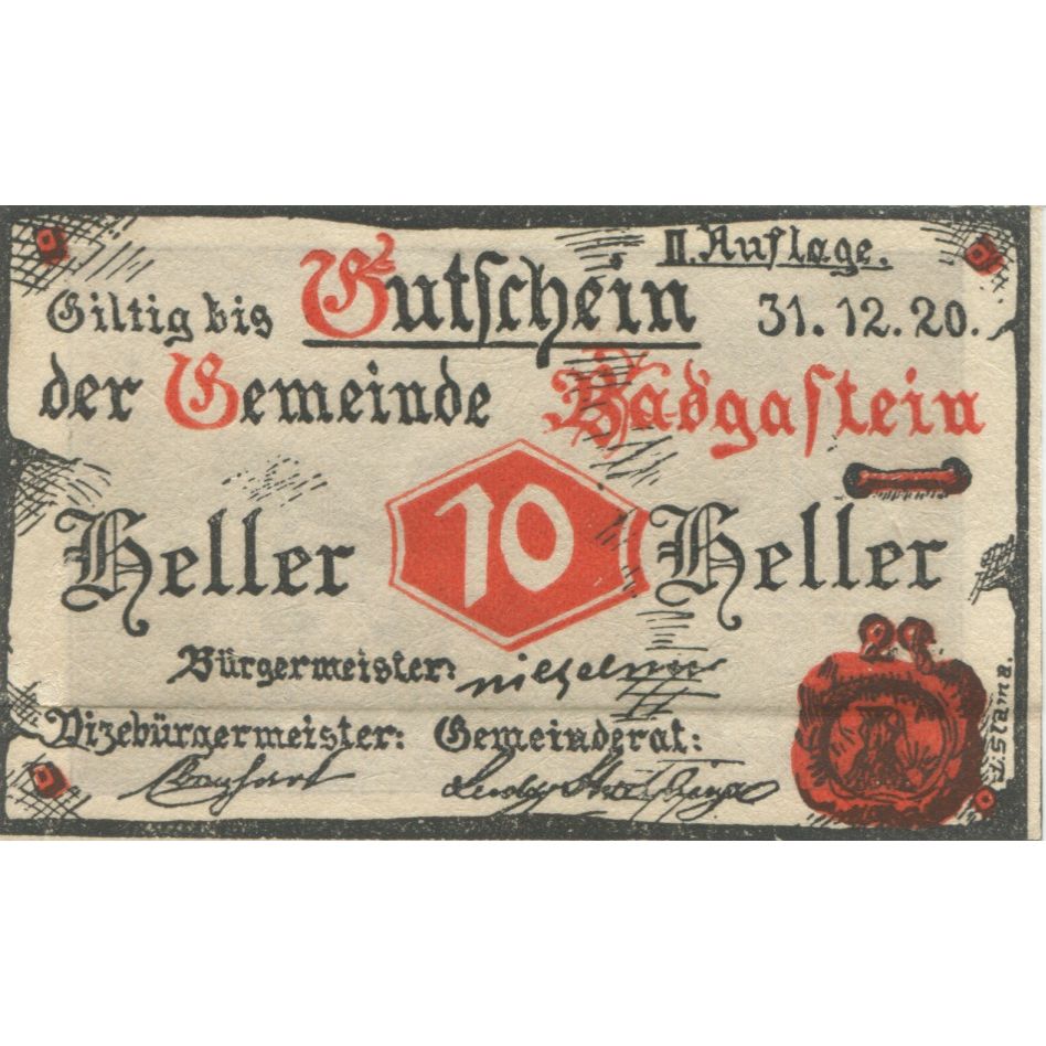 Banknote, Austria, Bad Gastein, 10 Heller, village, 1920 UNC(63) Mehl:FS 384I