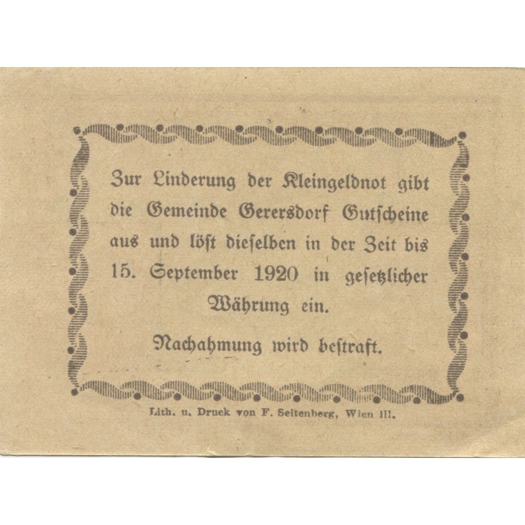 Banknote, Austria, Gerersdorf, 10 Heller, village, 1920, UNC(63) Mehl:FS 742I