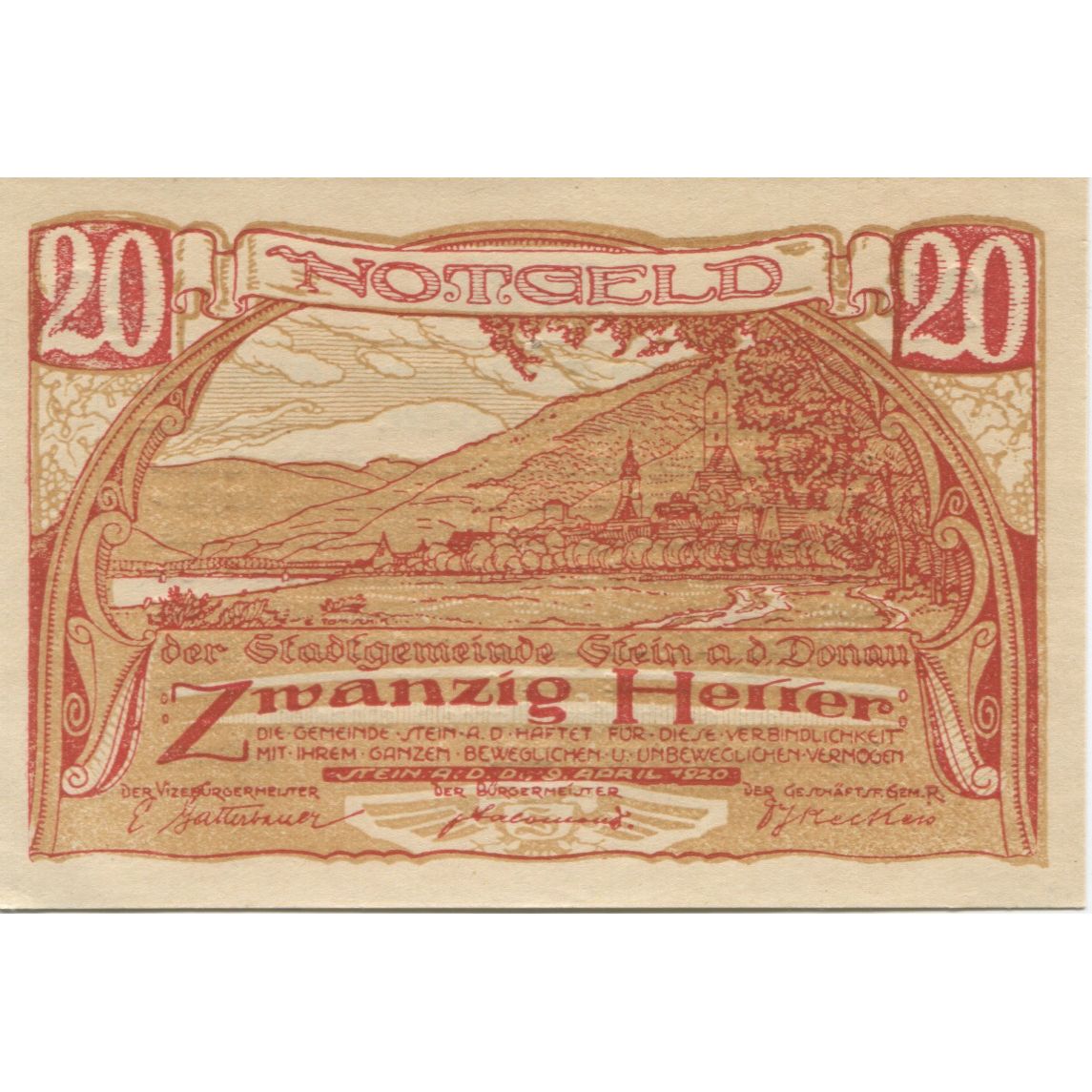Banknote Austria Stein a/d Donau 20 Heller paysage 1920 UNC(63) Mehl:FS 1015I.1