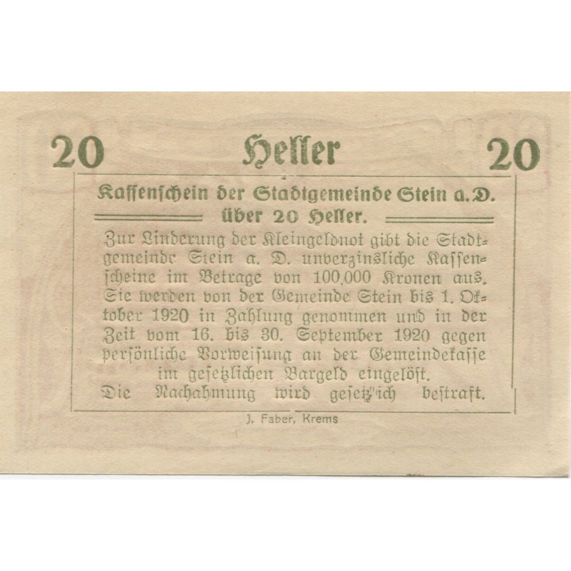 Banknote Austria Stein a/d Donau 20 Heller paysage 1920 UNC(63) Mehl:FS 1015I.1