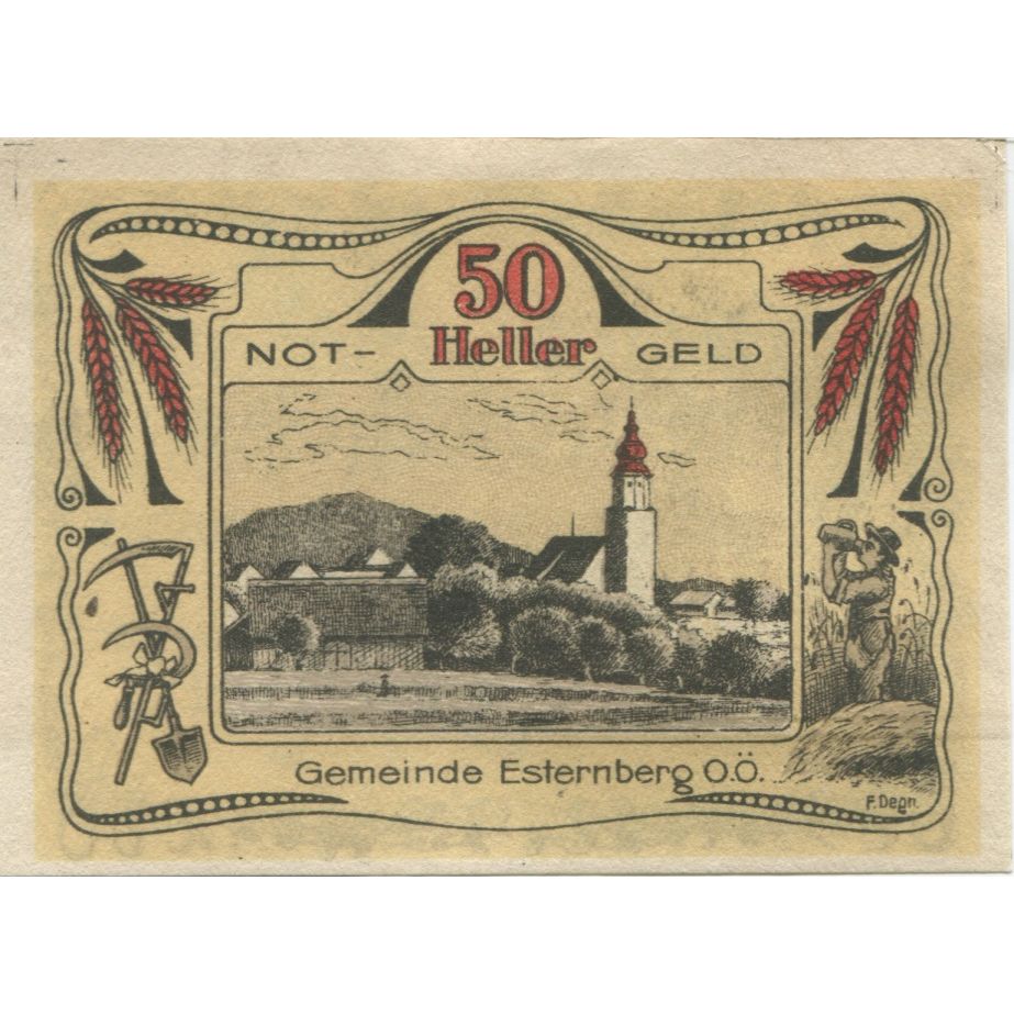 Banknote, Austria, Esternberg, 50 Heller, village, 1920 UNC(63) Mehl:FS 189