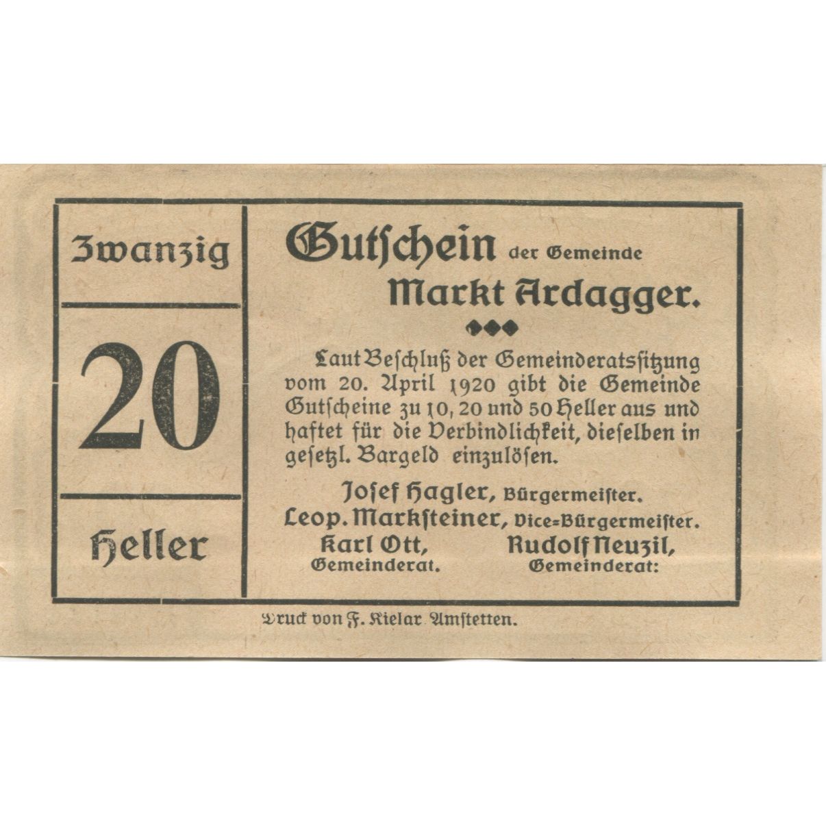 Banknote, Austria, Ardagger, 20 Heller, village, 1920, UNC(63) Mehl:FS 50a