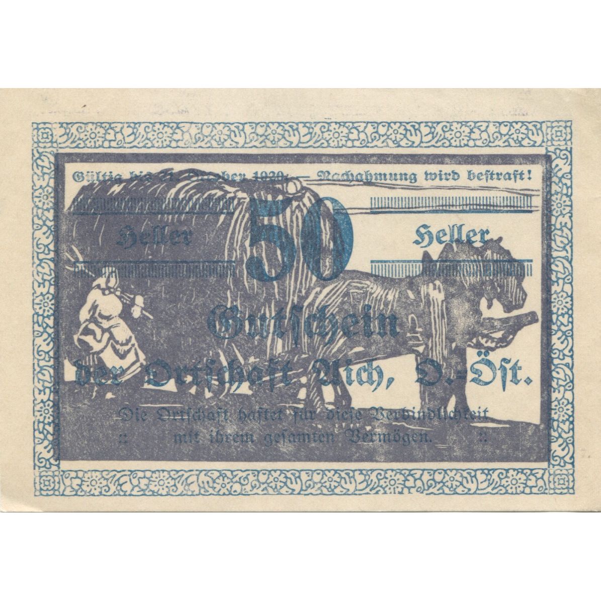 Banknote, Austria, Aich, 50 Heller, champs 1920-12-31, UNC(63), Mehl:FS 10b