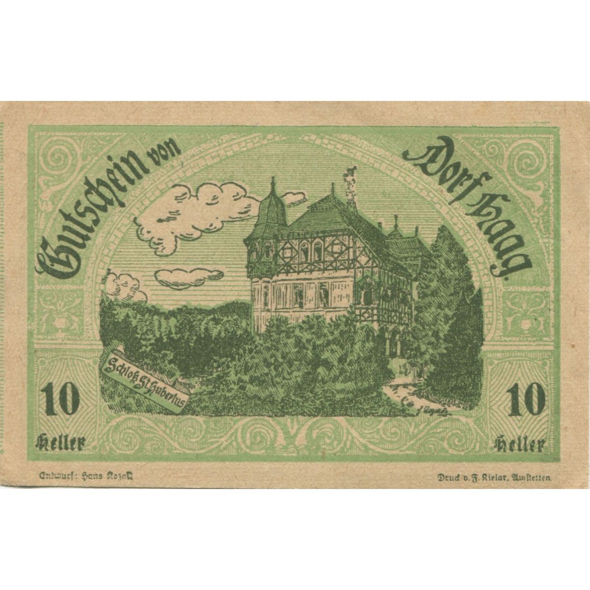 Banknote, Austria, Dorf Haag, 10 Heller, château, 1920 UNC(63) Mehl:FS 317c